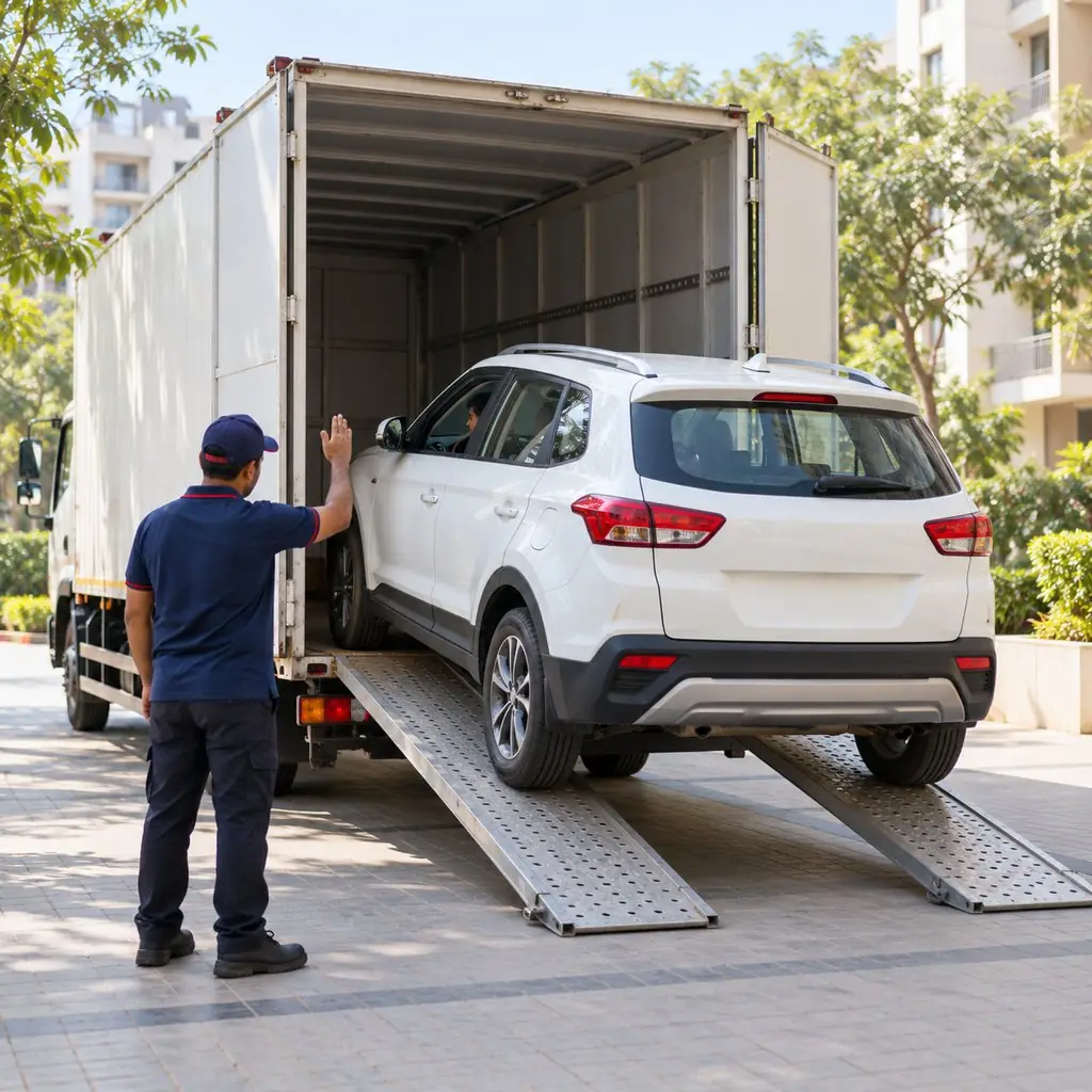 Illustration: a car on a car-carrier truck