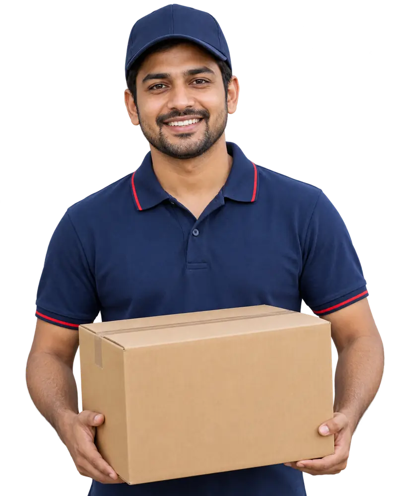 Illustration: a smiling mover in a navy polo shirt holding a sealed carton